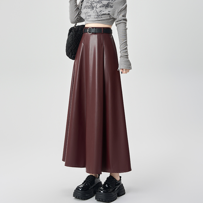 PU slim long Casual pleated drape skirt