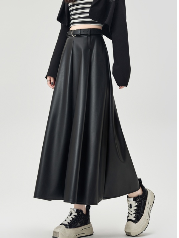 PU slim long Casual pleated drape skirt