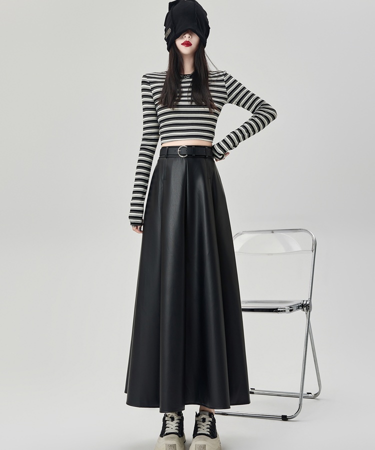 PU slim long Casual pleated drape skirt