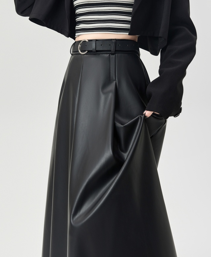 PU slim long Casual pleated drape skirt