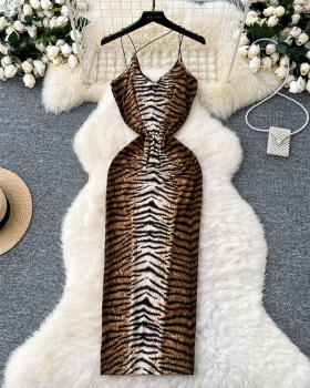 Sexy spicegirl hollow printing leopard halter long dress