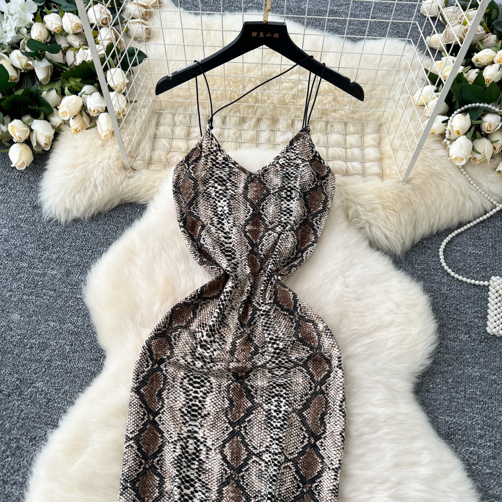 Sexy spicegirl hollow printing leopard halter long dress