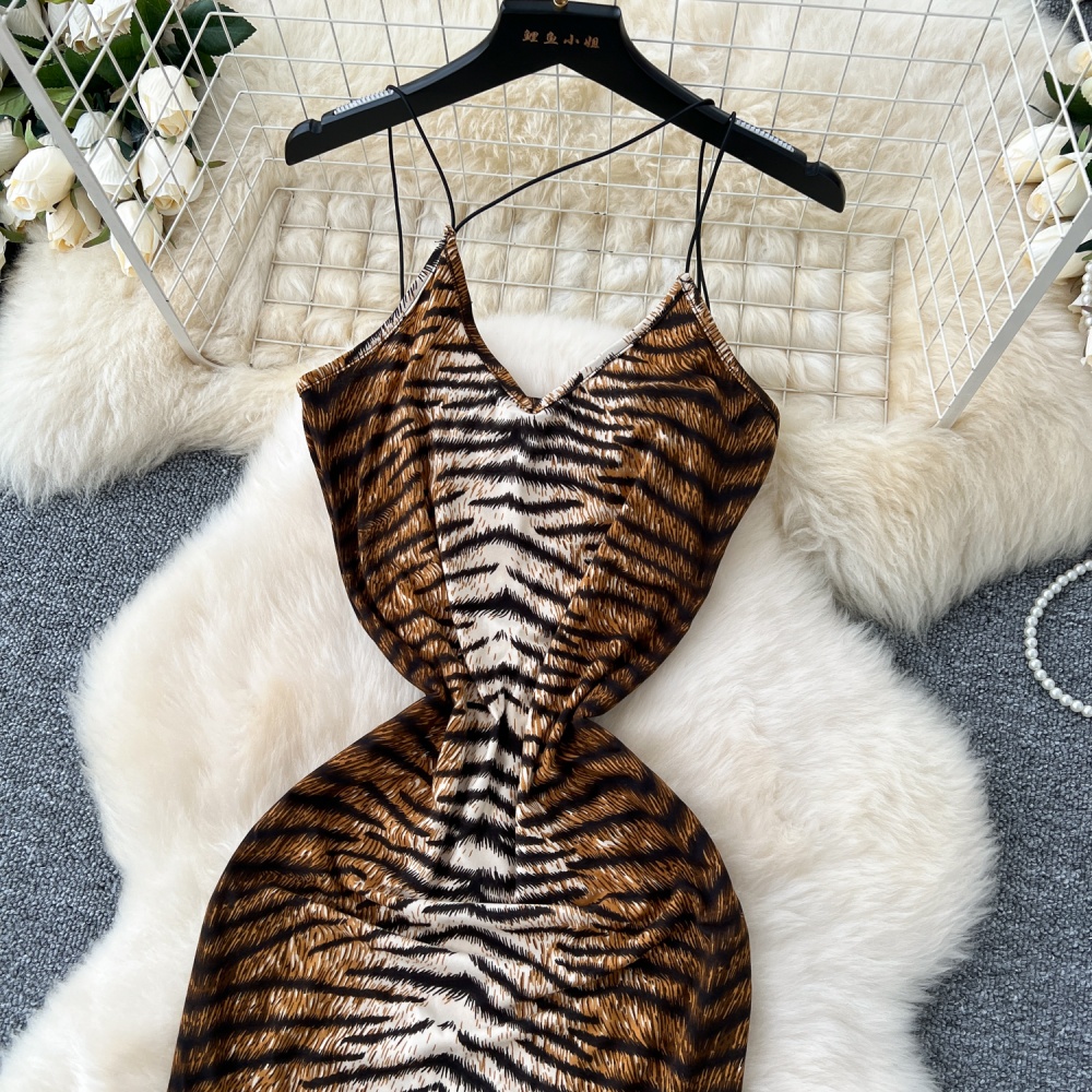 Sexy spicegirl hollow printing leopard halter long dress