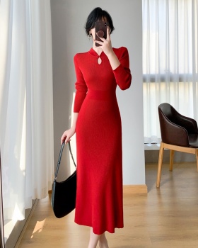 Slim autumn and winter long dress knitted red sweater