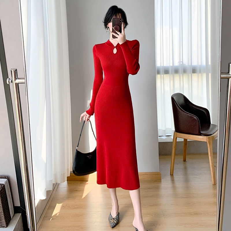 Slim autumn and winter long dress knitted red sweater