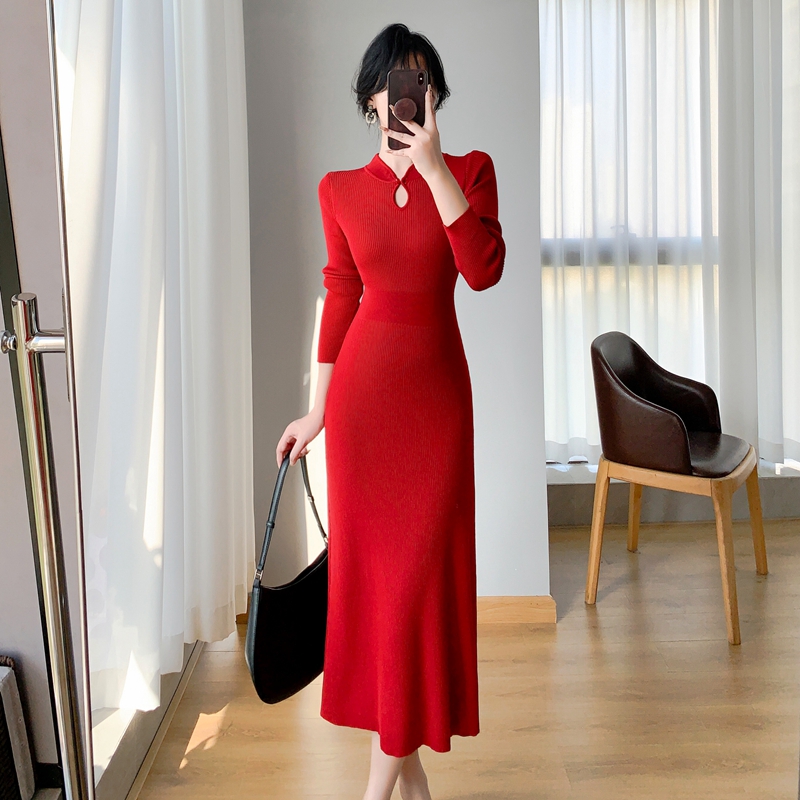 Slim autumn and winter long dress knitted red sweater