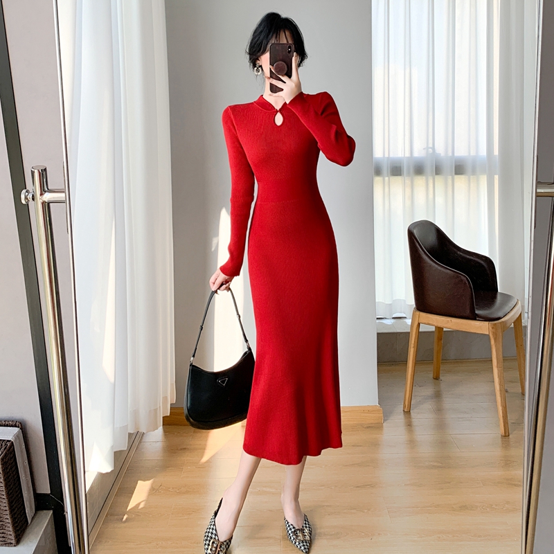 Slim autumn and winter long dress knitted red sweater