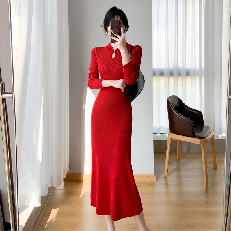 Slim autumn and winter long dress knitted red sweater