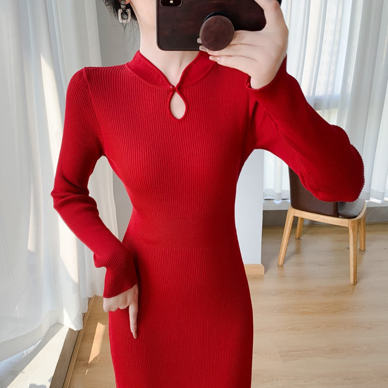 Slim autumn and winter long dress knitted red sweater