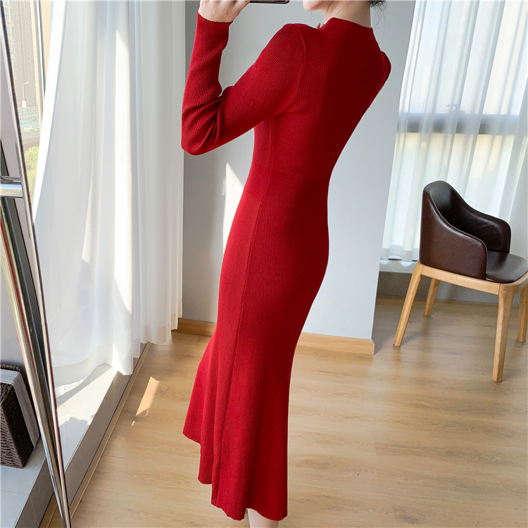 Slim autumn and winter long dress knitted red sweater