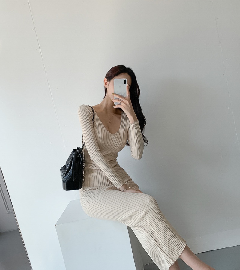 Korean style V-neck sweater dress package hip dress for women