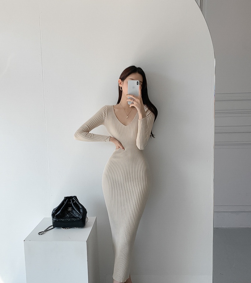 Korean style V-neck sweater dress package hip dress for women