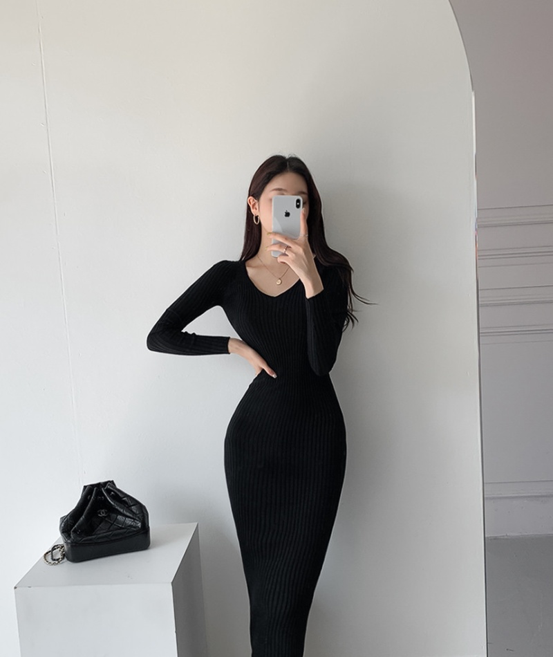 Korean style V-neck sweater dress package hip dress for women