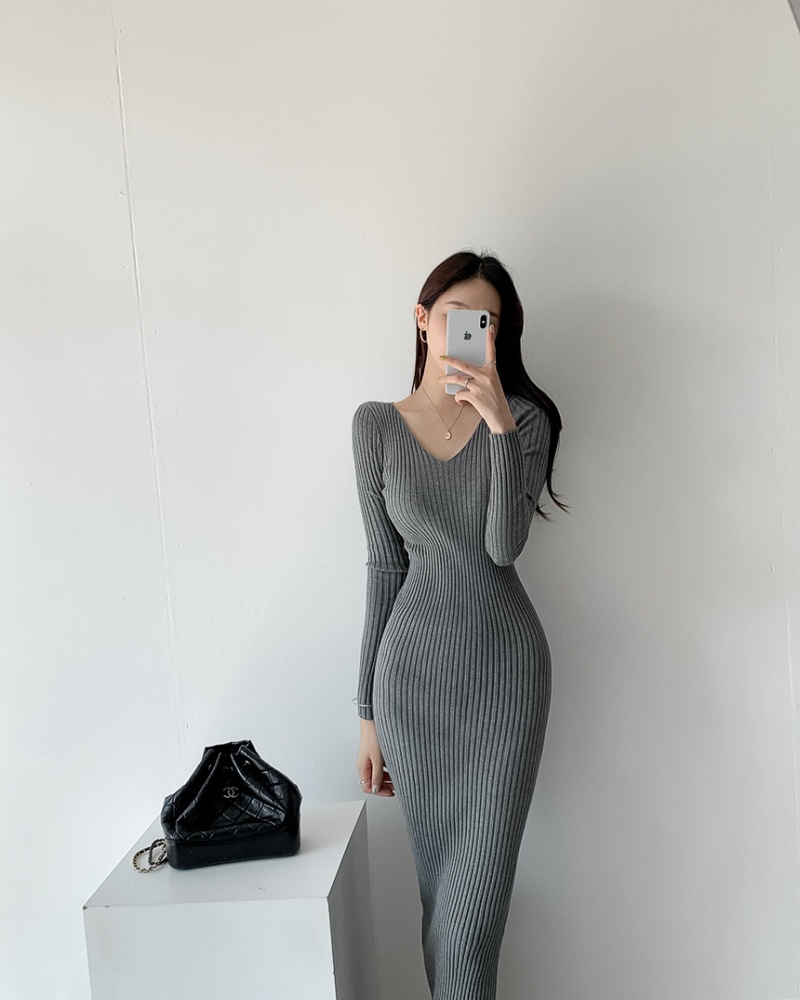 Korean style V-neck sweater dress package hip dress for women