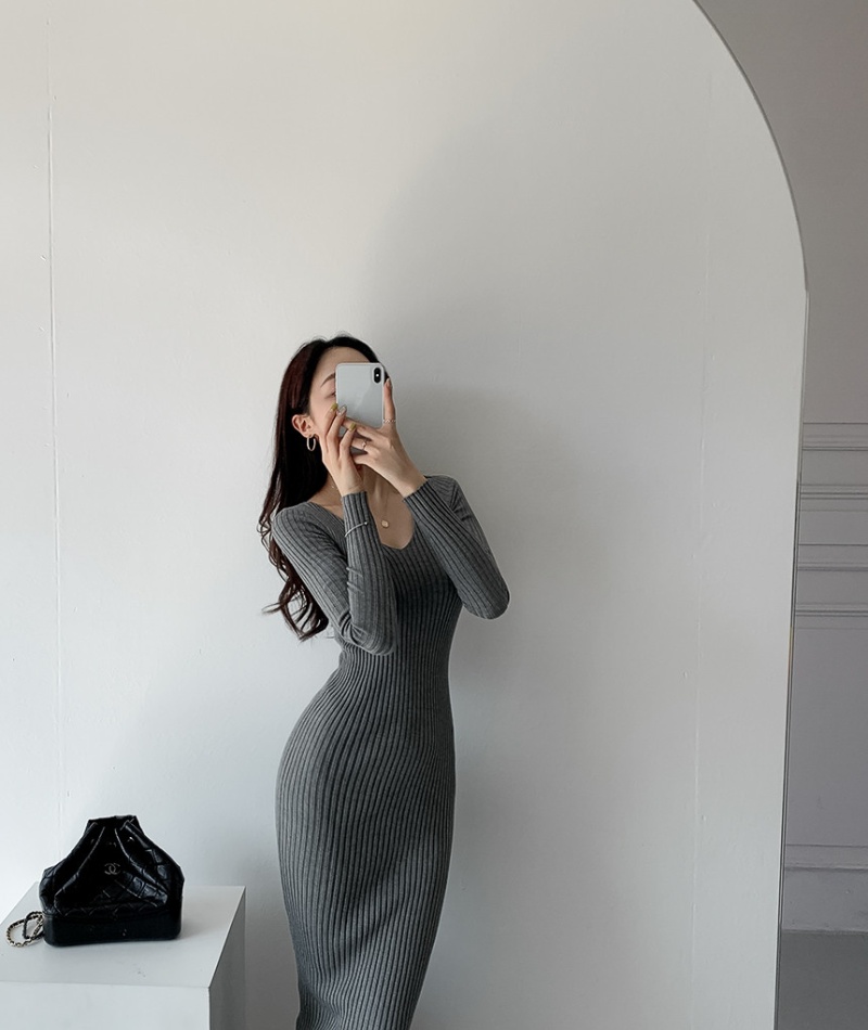 Korean style V-neck sweater dress package hip dress for women