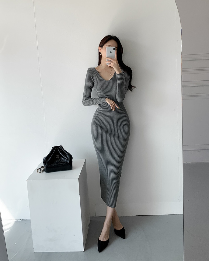 Korean style V-neck sweater dress package hip dress for women