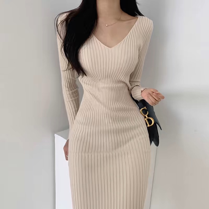 Korean style V-neck sweater dress package hip dress for women