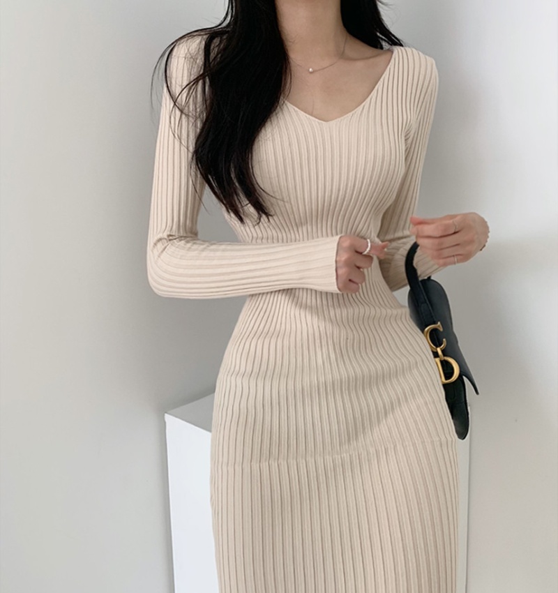 Korean style V-neck sweater dress package hip dress for women