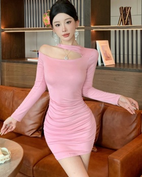 Fold strapless package hip pinched waist autumn dress