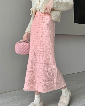 High waist tassels skirt package hip fold long dress for women