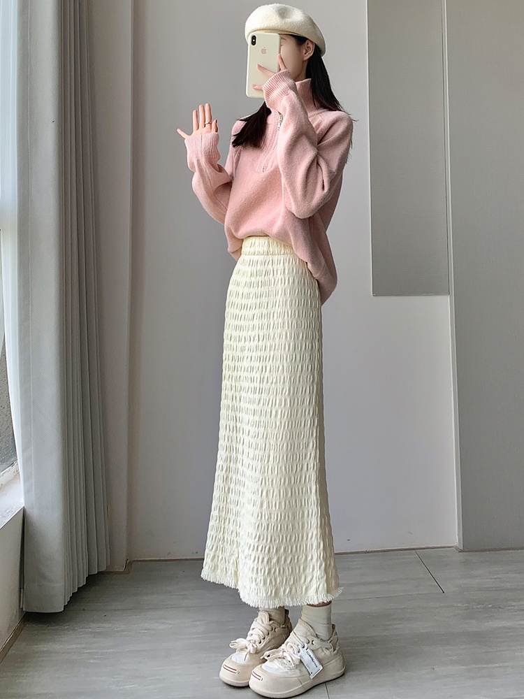 High waist tassels skirt package hip fold long dress for women