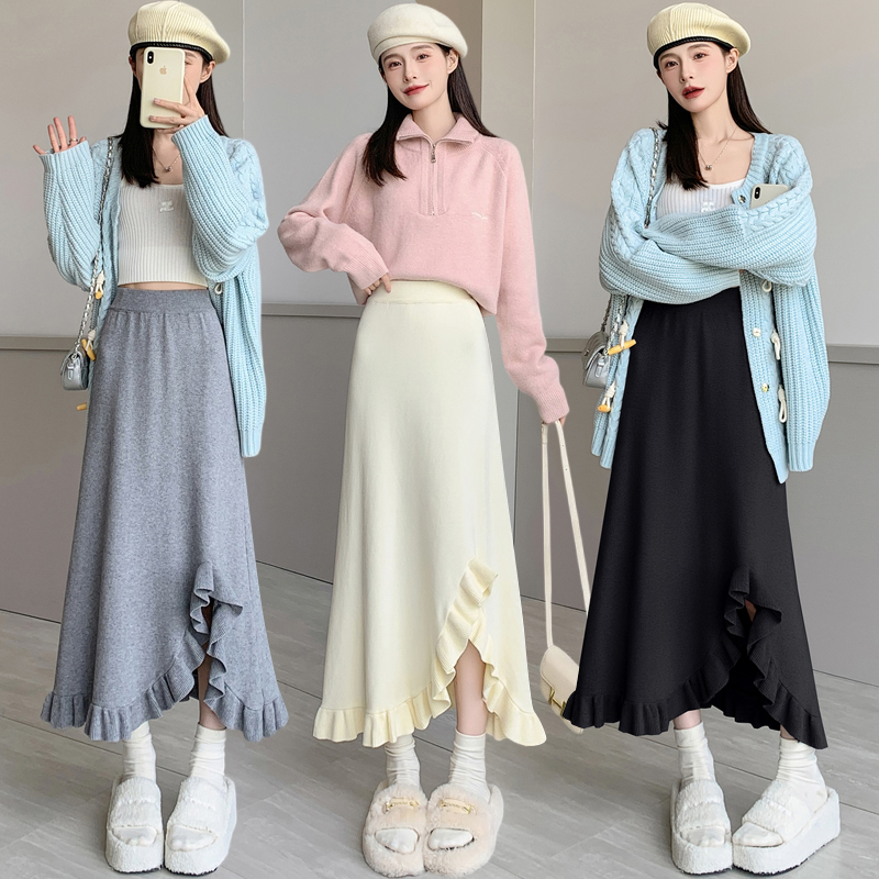 Knitted split loose high waist skirt for women