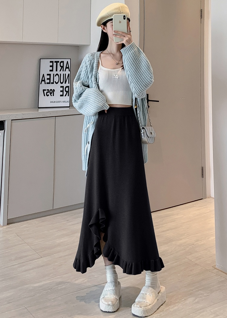 Knitted split loose high waist skirt for women