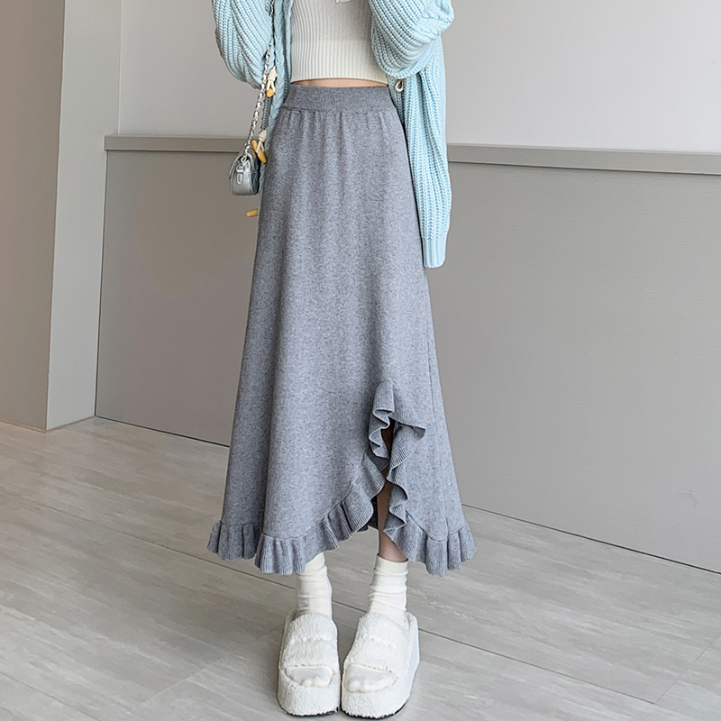 Knitted split loose high waist skirt for women