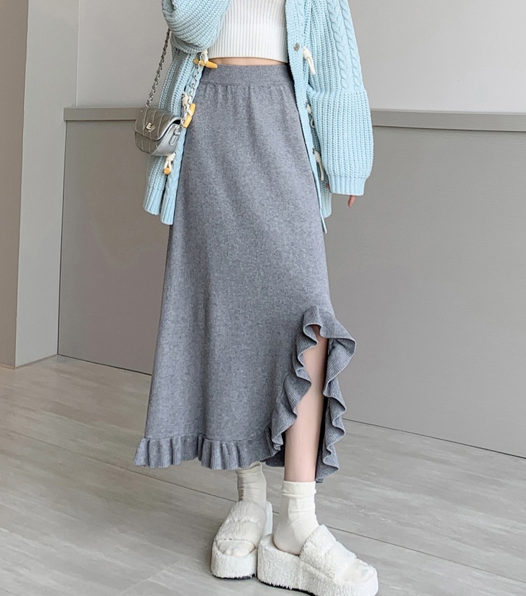 Knitted split loose high waist skirt for women