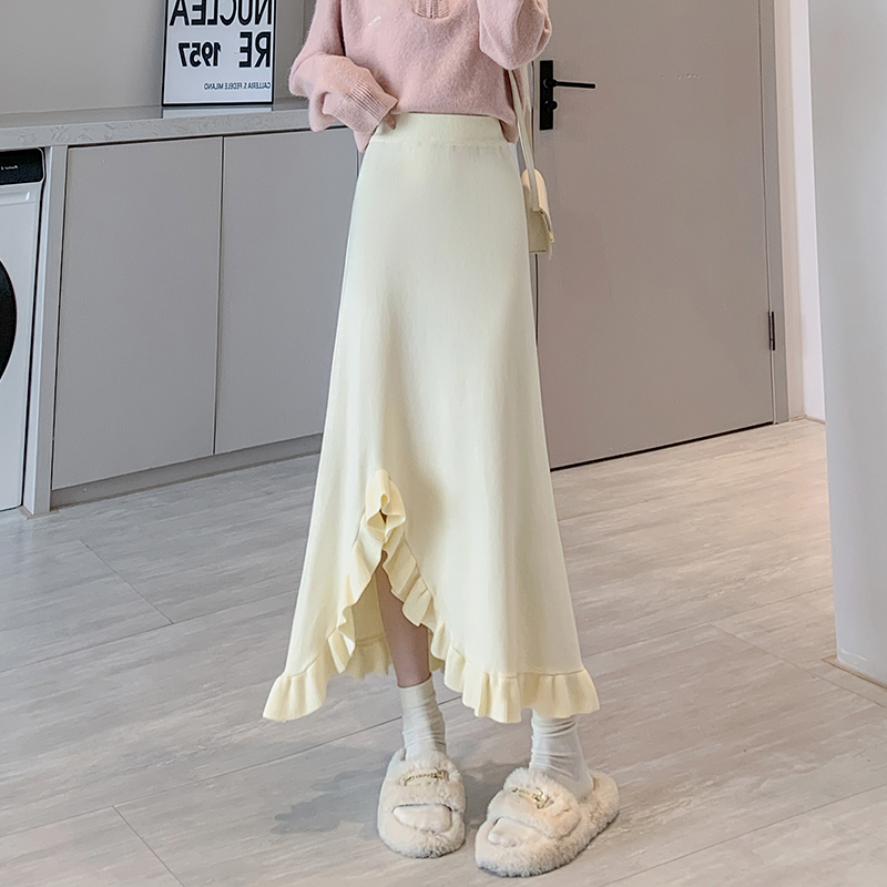 Knitted split loose high waist skirt for women