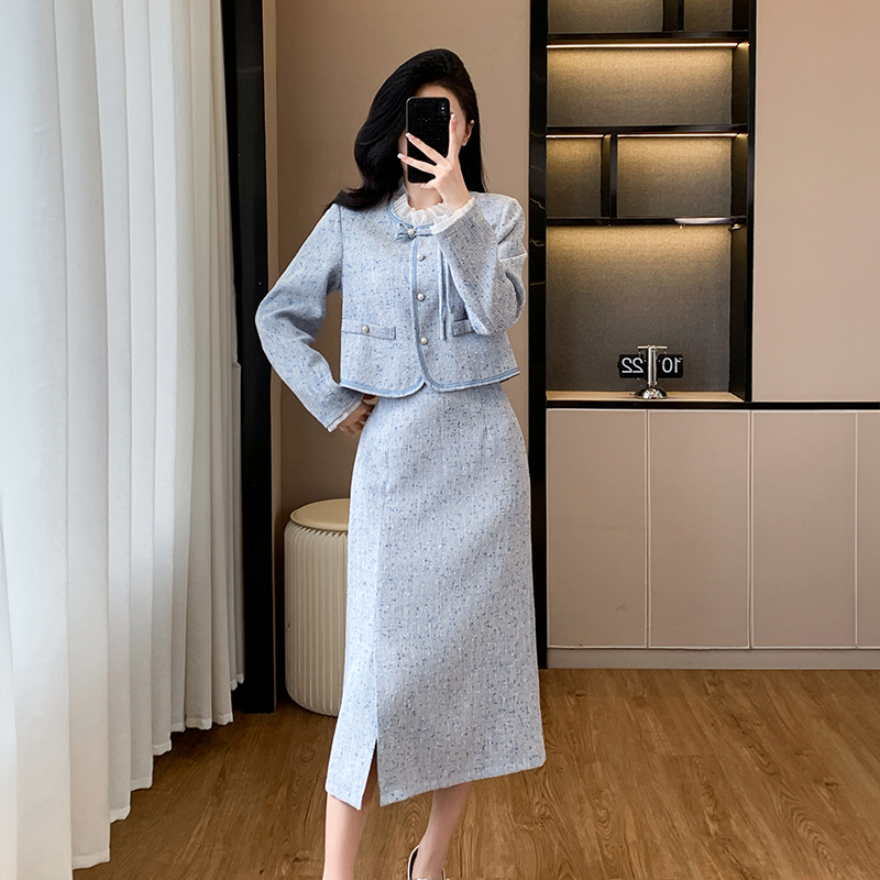 Chanelstyle short skirt long coat 2pcs set for women