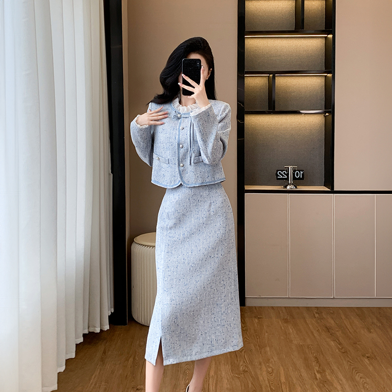 Chanelstyle short skirt long coat 2pcs set for women