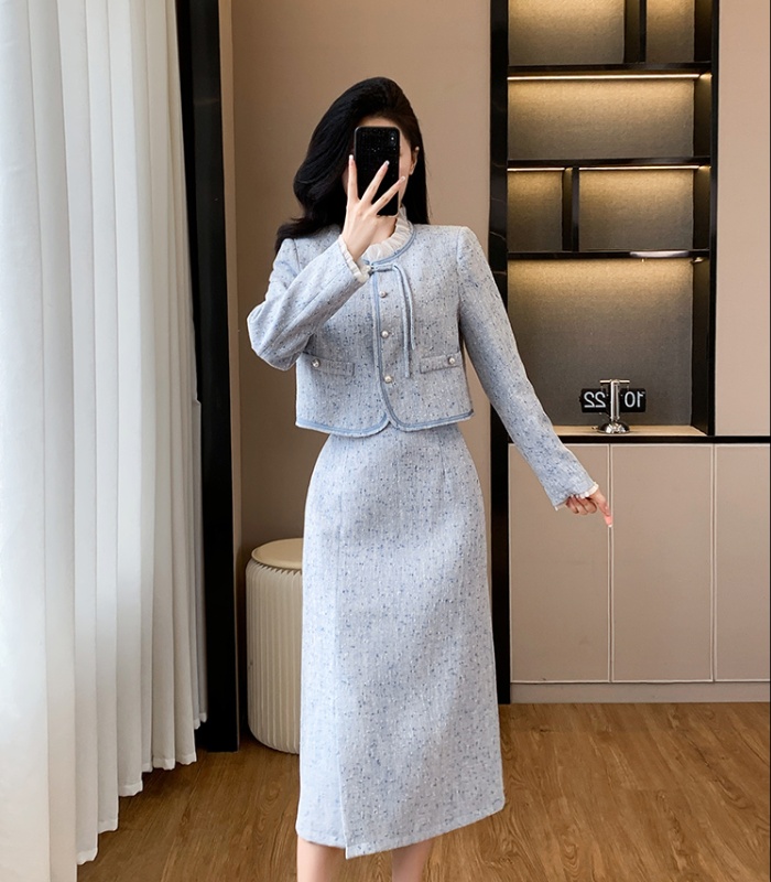 Chanelstyle short skirt long coat 2pcs set for women