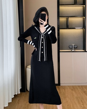 Knitted black long skirt frenum tops 2pcs set