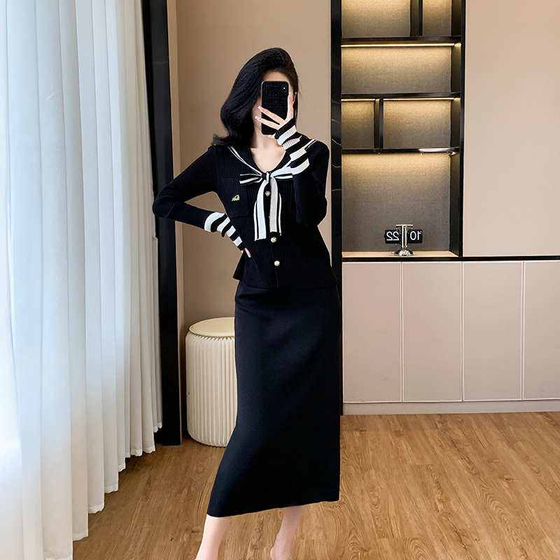 Knitted black long skirt frenum tops 2pcs set