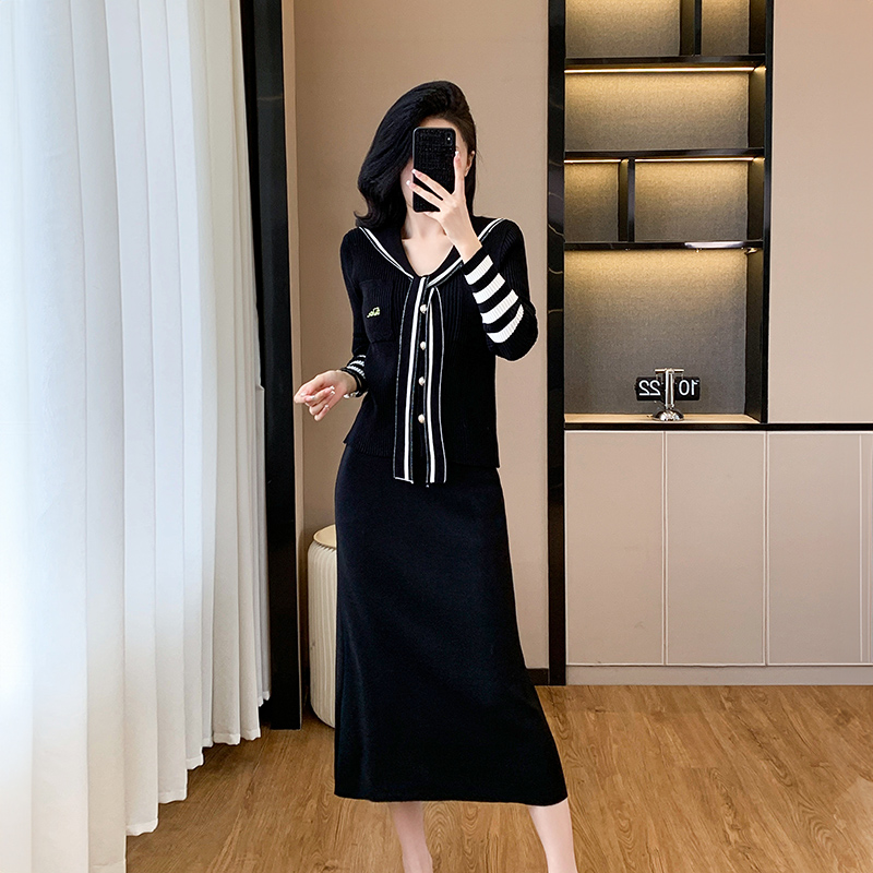 Knitted black long skirt frenum tops 2pcs set