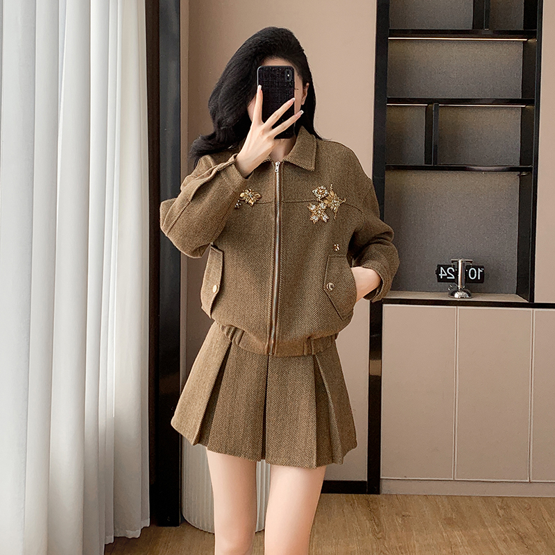 Unique coat lapel short skirt 2pcs set for women