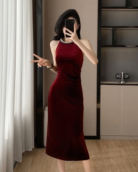 Hepburn style velvet long dress ladies formal dress