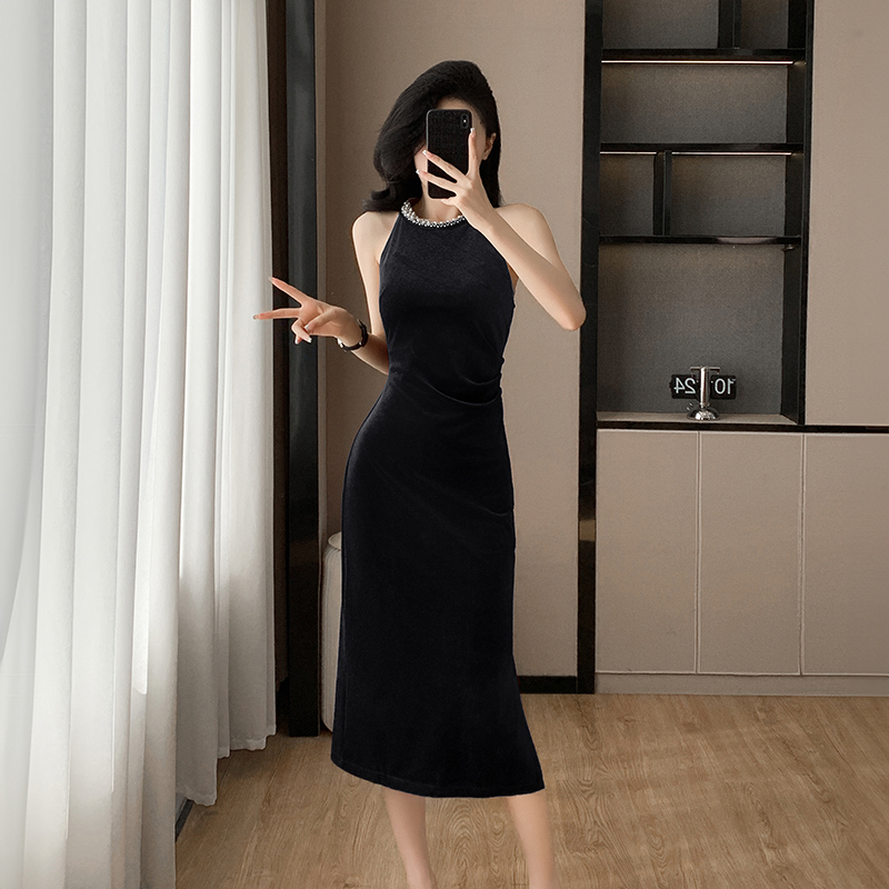 Hepburn style velvet long dress ladies formal dress