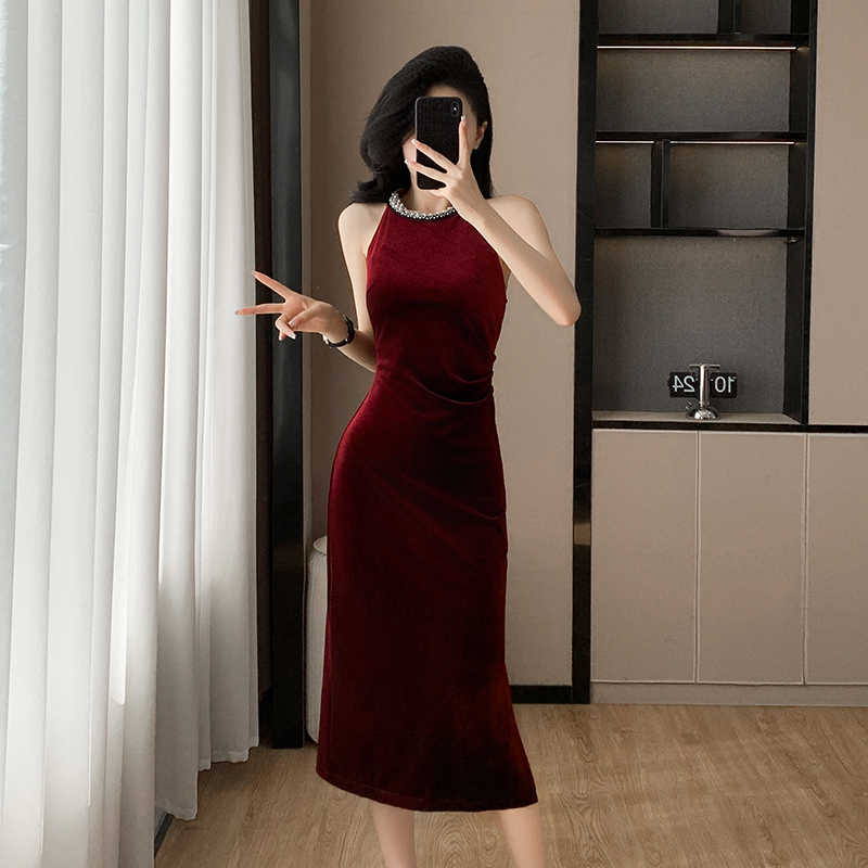 Hepburn style velvet long dress ladies formal dress