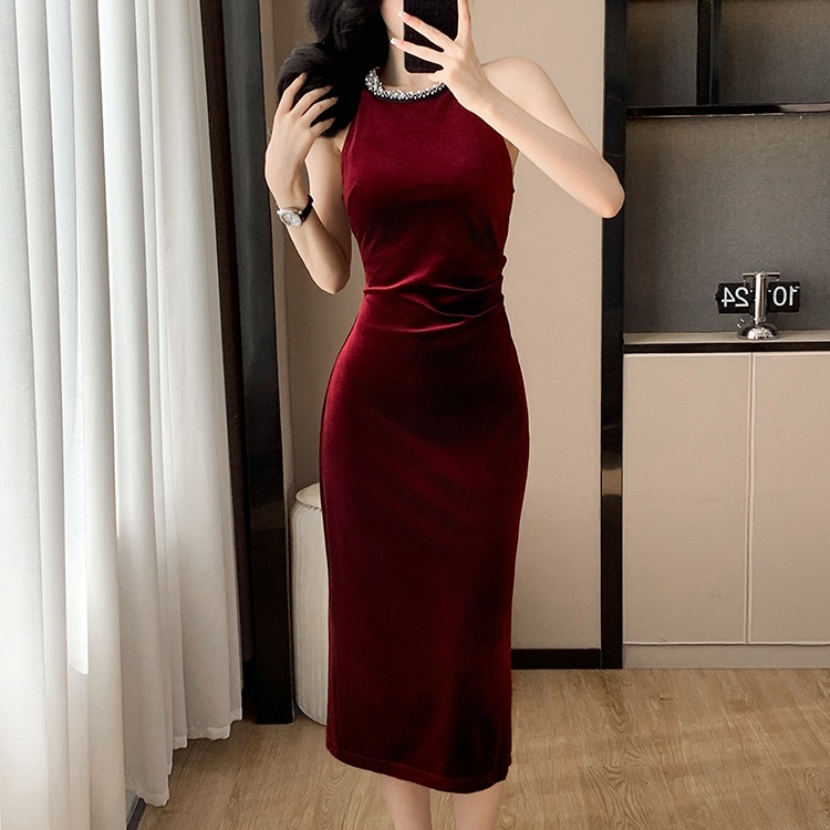 Hepburn style velvet long dress ladies formal dress