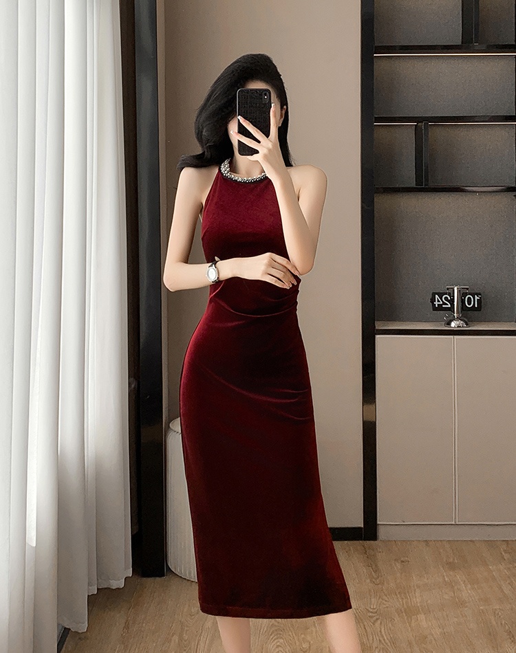 Hepburn style velvet long dress ladies formal dress