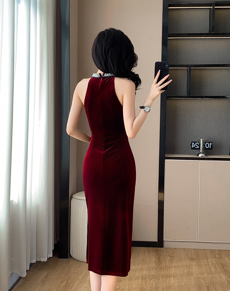 Hepburn style velvet long dress ladies formal dress