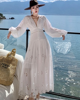 Embroidery hollow lantern sleeve long slim dress