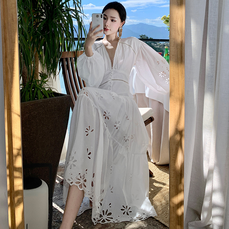 Embroidery hollow lantern sleeve long slim dress