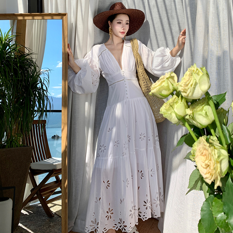 Embroidery hollow lantern sleeve long slim dress