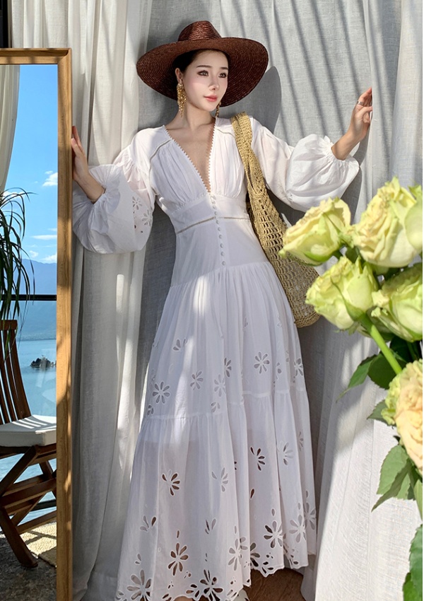 Embroidery hollow lantern sleeve long slim dress