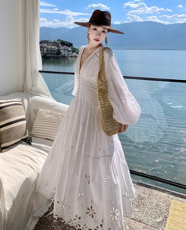 Embroidery hollow lantern sleeve long slim dress