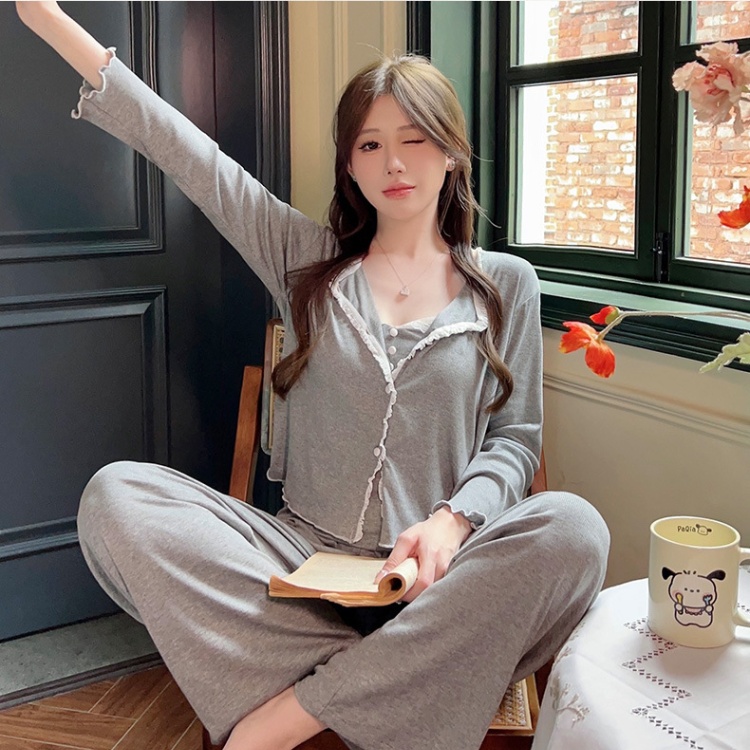 Cotton modal long pants V-neck pajamas 3pcs set for women