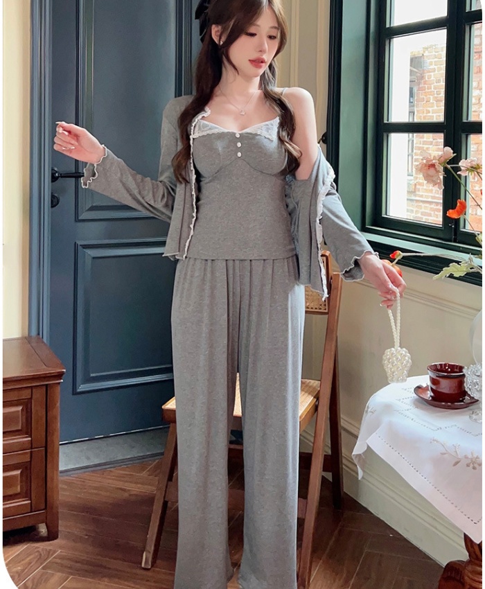 Cotton modal long pants V-neck pajamas 3pcs set for women